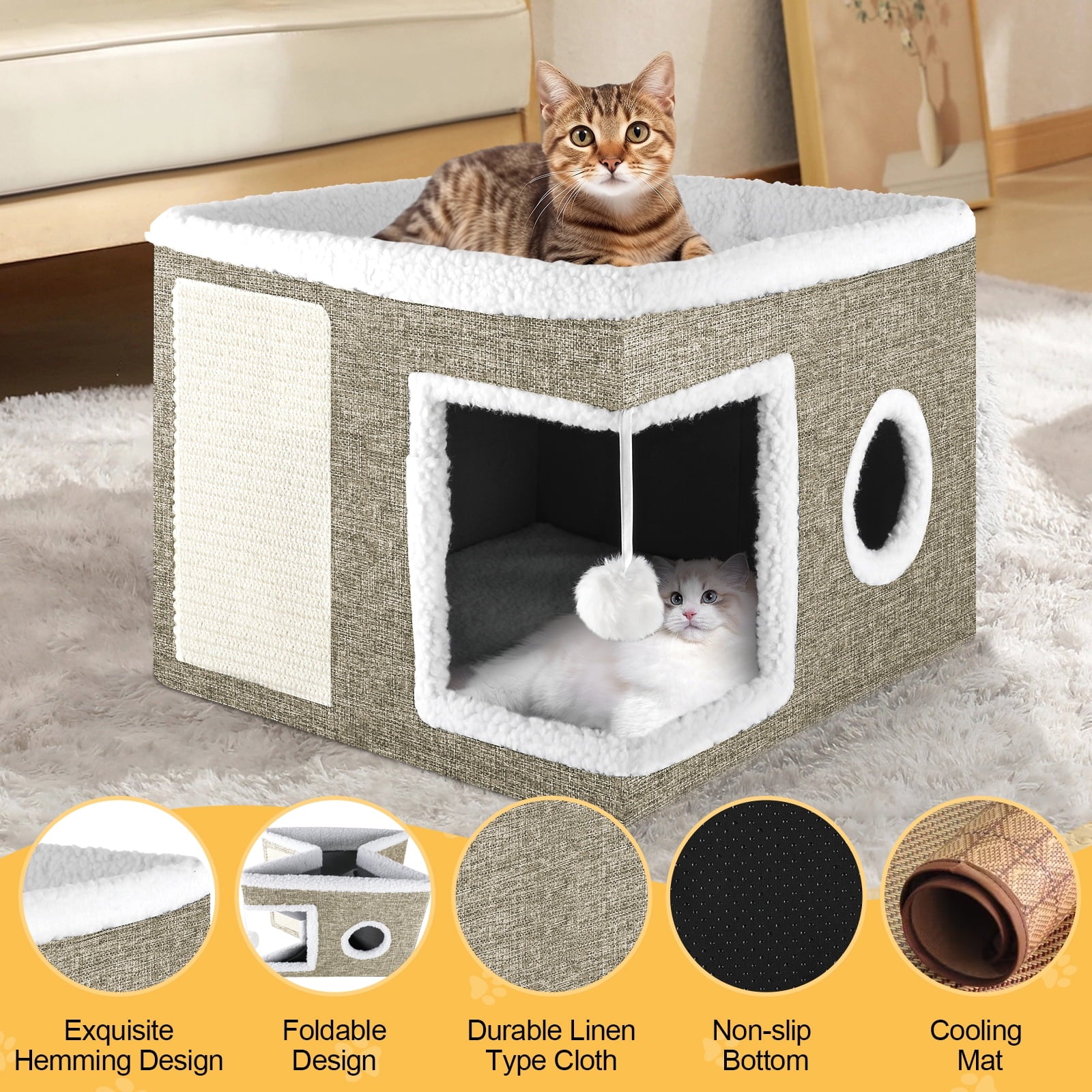 Cozy Large Cat Bed & House with Cushions, Scratch Pad, and Fluffy Ball - Perfect Indoor Retreat for Your Feline Friend!
