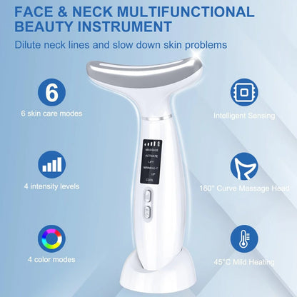 Revolutionary 6-in-1 Facial and Neck Beauty Device - Transform Your Skin with Light Therapy, Vibration, and Cooling for a Spa-Quality Experience at Home