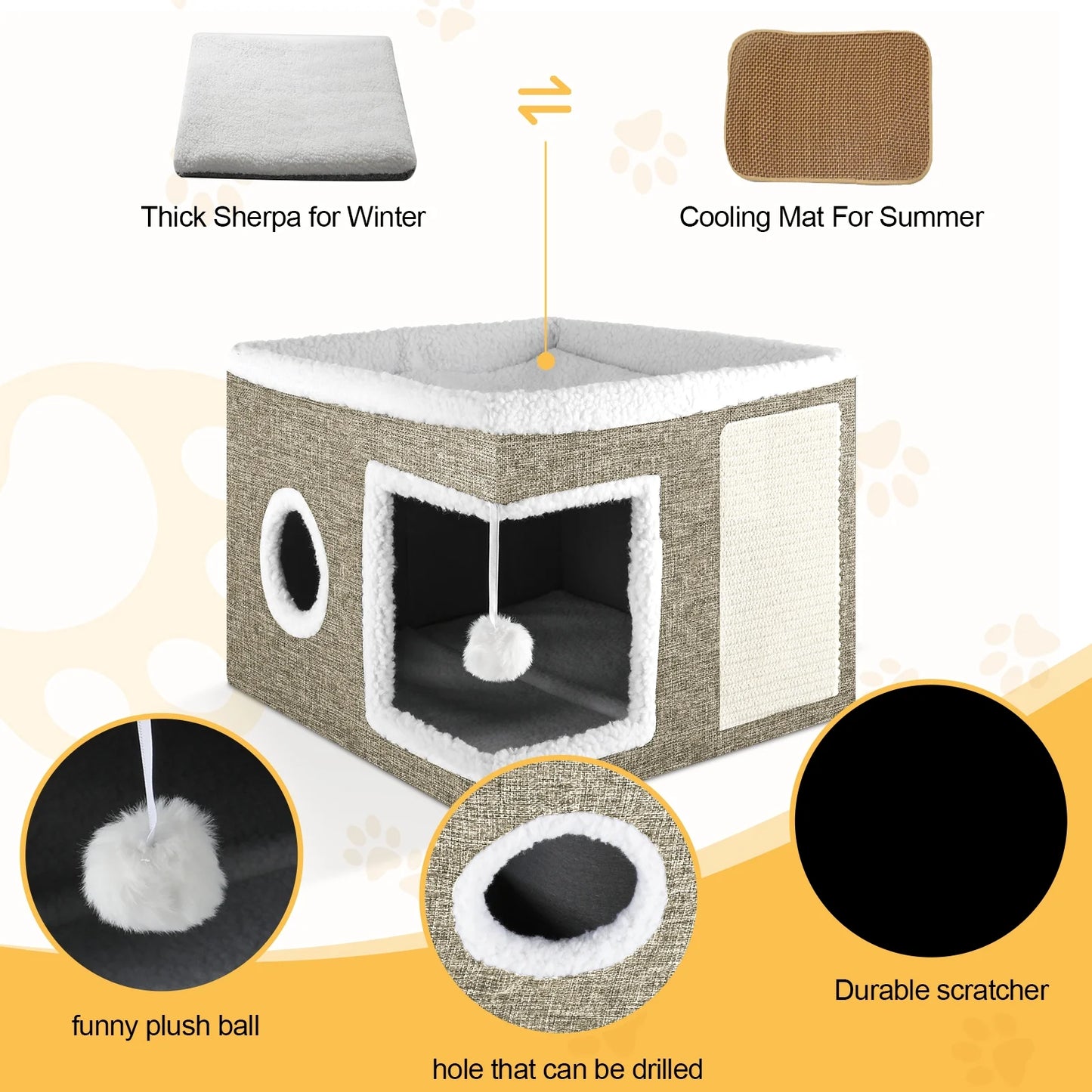 Cozy Large Cat Bed & House with Cushions, Scratch Pad, and Fluffy Ball - Perfect Indoor Retreat for Your Feline Friend!