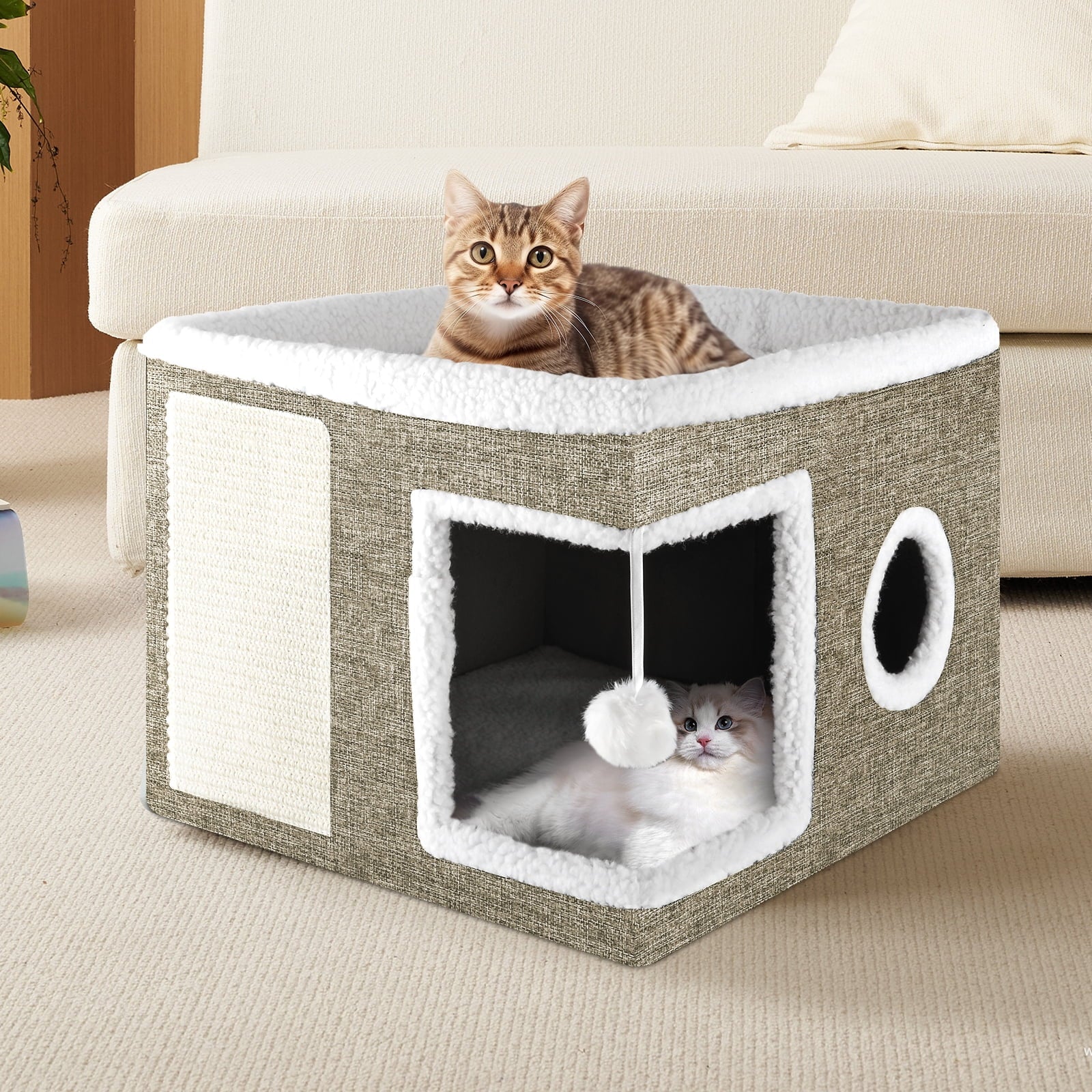 Cozy Large Cat Bed & House with Cushions, Scratch Pad, and Fluffy Ball - Perfect Indoor Retreat for Your Feline Friend!