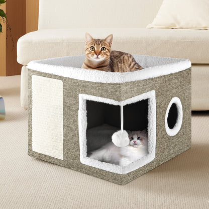Cozy Large Cat Bed & House with Cushions, Scratch Pad, and Fluffy Ball - Perfect Indoor Retreat for Your Feline Friend!