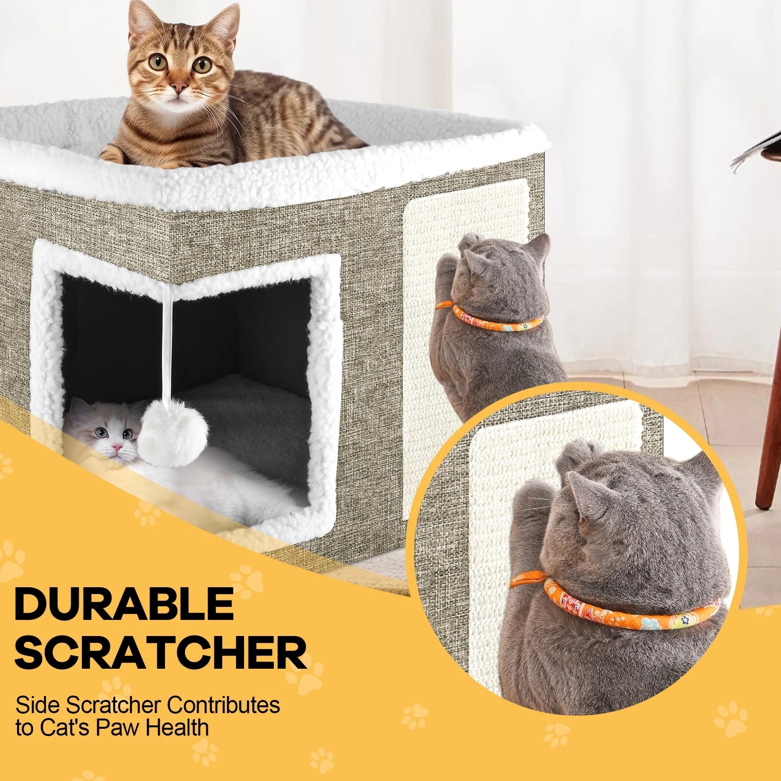 Cozy Large Cat Bed & House with Cushions, Scratch Pad, and Fluffy Ball - Perfect Indoor Retreat for Your Feline Friend!