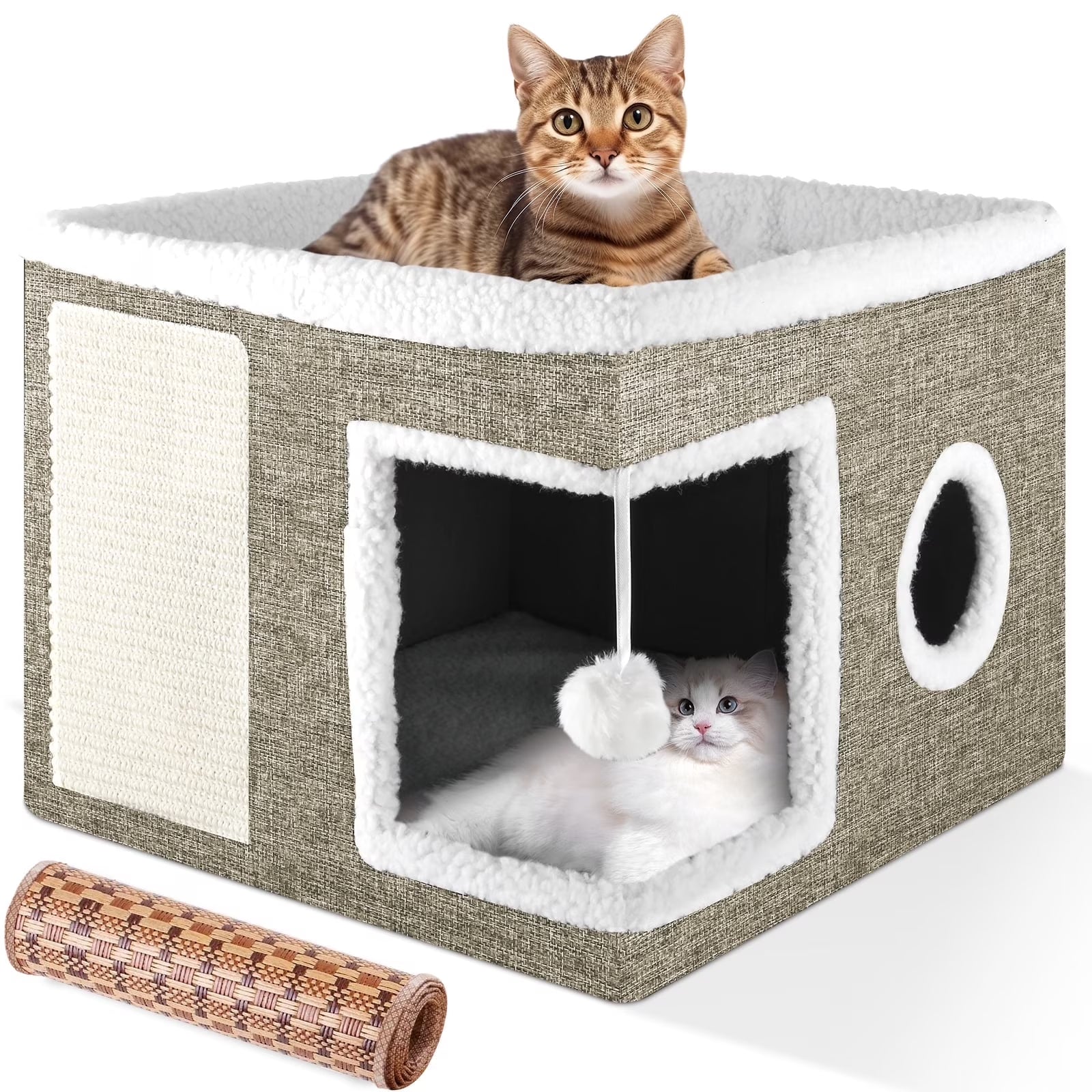 Cozy Large Cat Bed & House with Cushions, Scratch Pad, and Fluffy Ball - Perfect Indoor Retreat for Your Feline Friend!