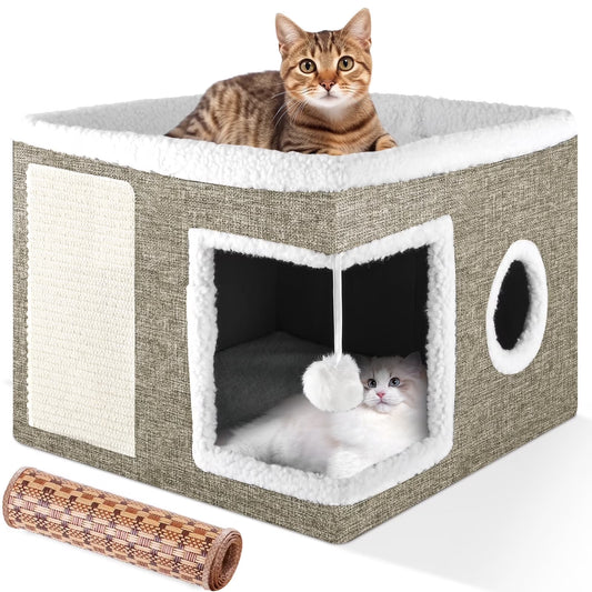 Cozy Large Cat Bed & House with Cushions, Scratch Pad, and Fluffy Ball - Perfect Indoor Retreat for Your Feline Friend!
