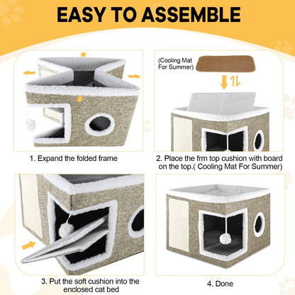 Cozy Large Cat Bed & House with Cushions, Scratch Pad, and Fluffy Ball - Perfect Indoor Retreat for Your Feline Friend!