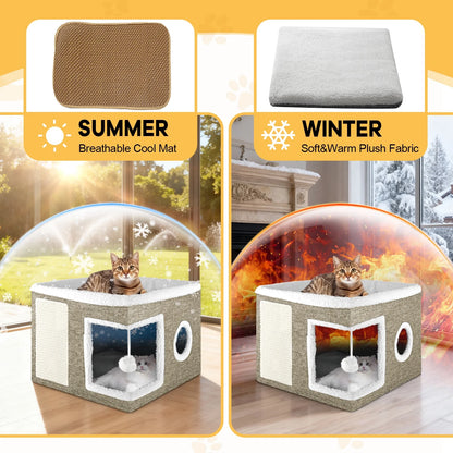 Cozy Large Cat Bed & House with Cushions, Scratch Pad, and Fluffy Ball - Perfect Indoor Retreat for Your Feline Friend!