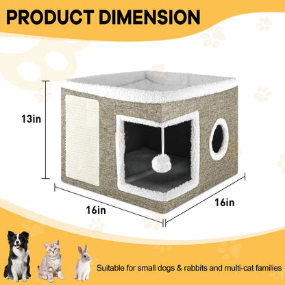 Cozy Large Cat Bed & House with Cushions, Scratch Pad, and Fluffy Ball - Perfect Indoor Retreat for Your Feline Friend!
